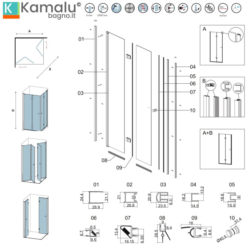 Box doccia 90x70 cm doppia apertura a libro modello KS7000 kamalu - 3