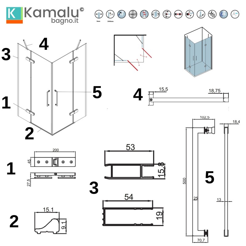Box doccia 80x80 oro satinato doppio battente | KT1000G kamalu - 3