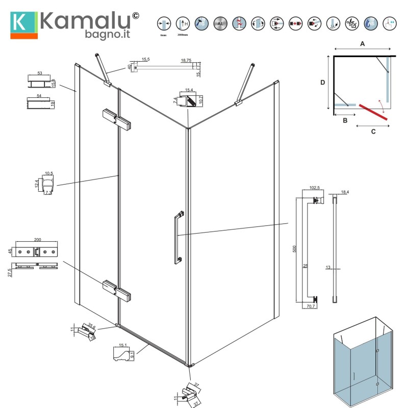 Box doccia 80x80 oro satinato porta battente | KT5000G kamalu - 3