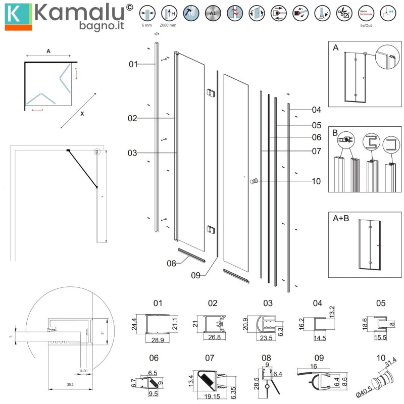 Box doccia 80x80 cm apertura soffietto e lato fisso | KS7000 kamalu - 3