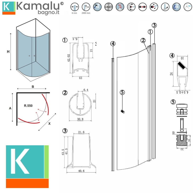 Box doccia semicircolare 80x80 battenti con apertura totale | KS800K kamalu - 3