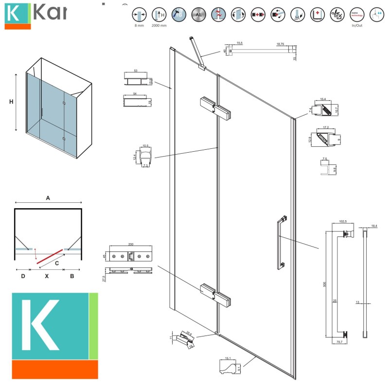 Porta doccia 155cm battente e 2 fissi colore bianco | KT6000B kamalu - 3