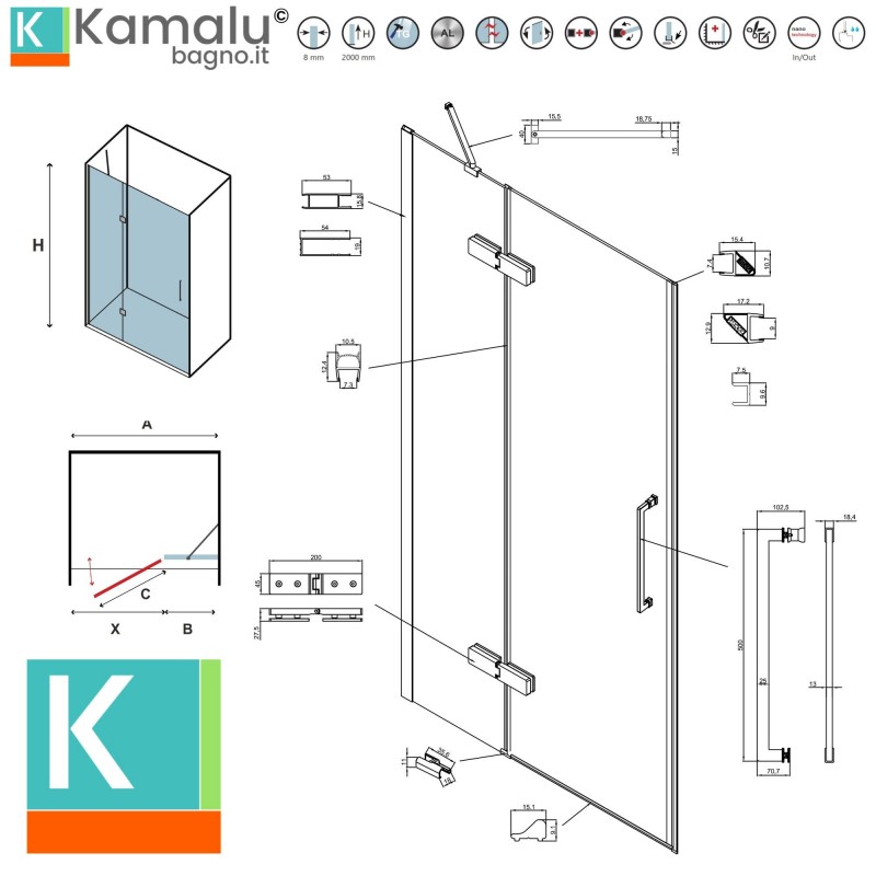 Porta doccia 100cm battente e fisso oro rosa spazzolato | KT4000RG kamalu - 3
