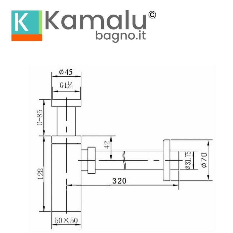 Sifone di scarico quadrato universale colore bianco opaco | KS050B kamalu - 2