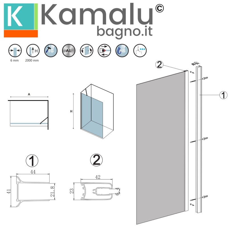 Doccia walk in 90 cm profilo nero con staffa diagonale | KS2800NT kamalu - 3