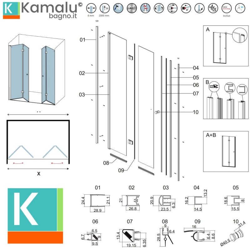 Porta doccia a doppio soffietto 150-153 cm colore nero | KAM-KS700DN kamalu - 3