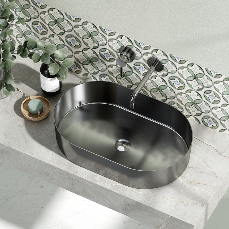 Lavabo da appoggio in acciaio inox gun metal con finitura spazzolata | KJ5500GM kamalu - 2