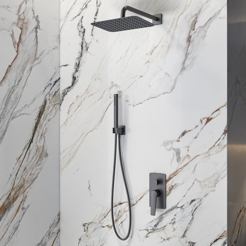 Set doccia a parete finitura gun metal soffione, doccetta, miscelatore con deviatore | KAM-L GUN METAL kamalu - 1