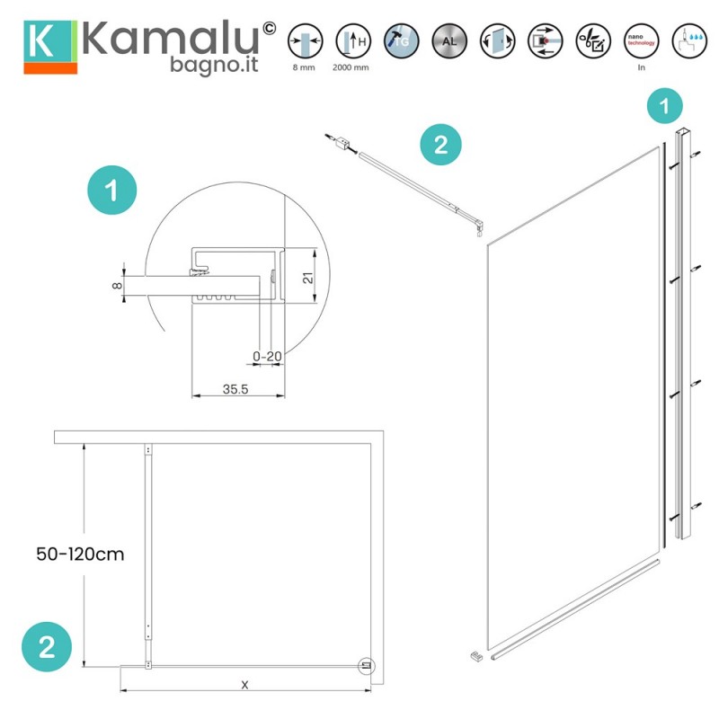 Parete doccia walk in 60 cm con profilo nero opaco | KW-100B kamalu - 6