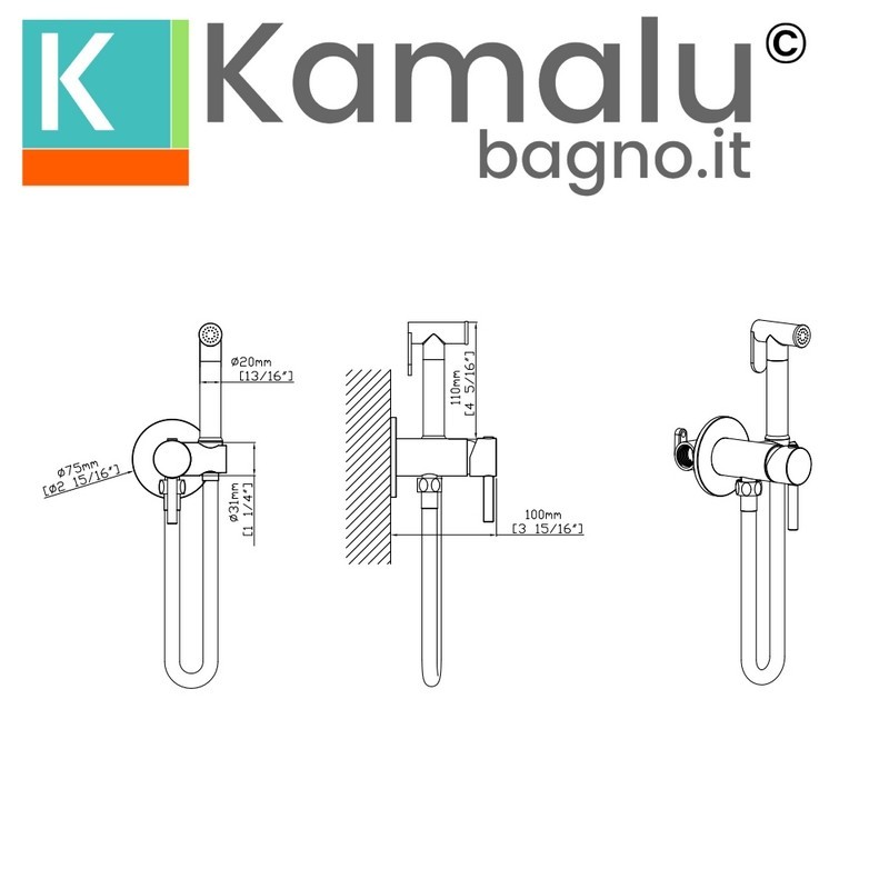 Miscelatore bidet in acciaio inox da incasso con doccetta finitura gun metal | KAM-L GUN METAL kamalu - 2