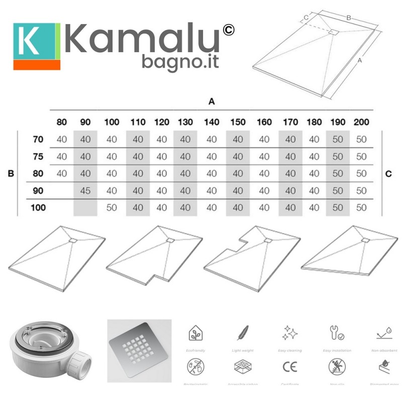 Piatto doccia pietra 70x90 tortora | KAM-CP100 kamalu - 4