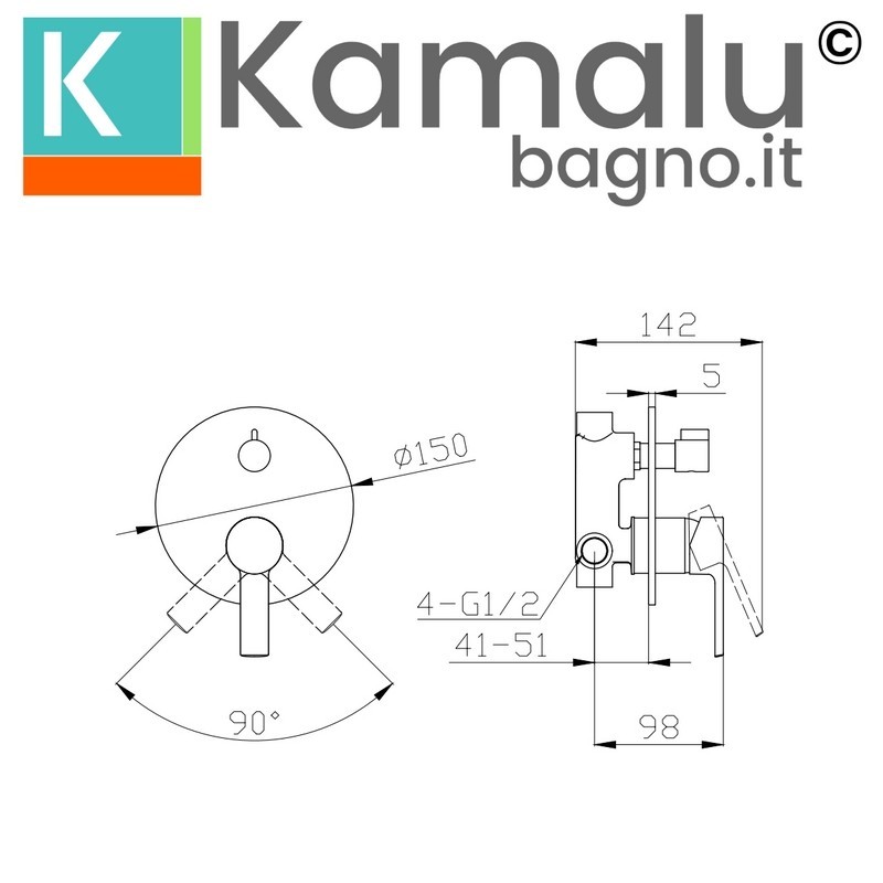 Miscelatore doccia a incasso con deviatore finitura lucida | KAM-T1000 kamalu - 2
