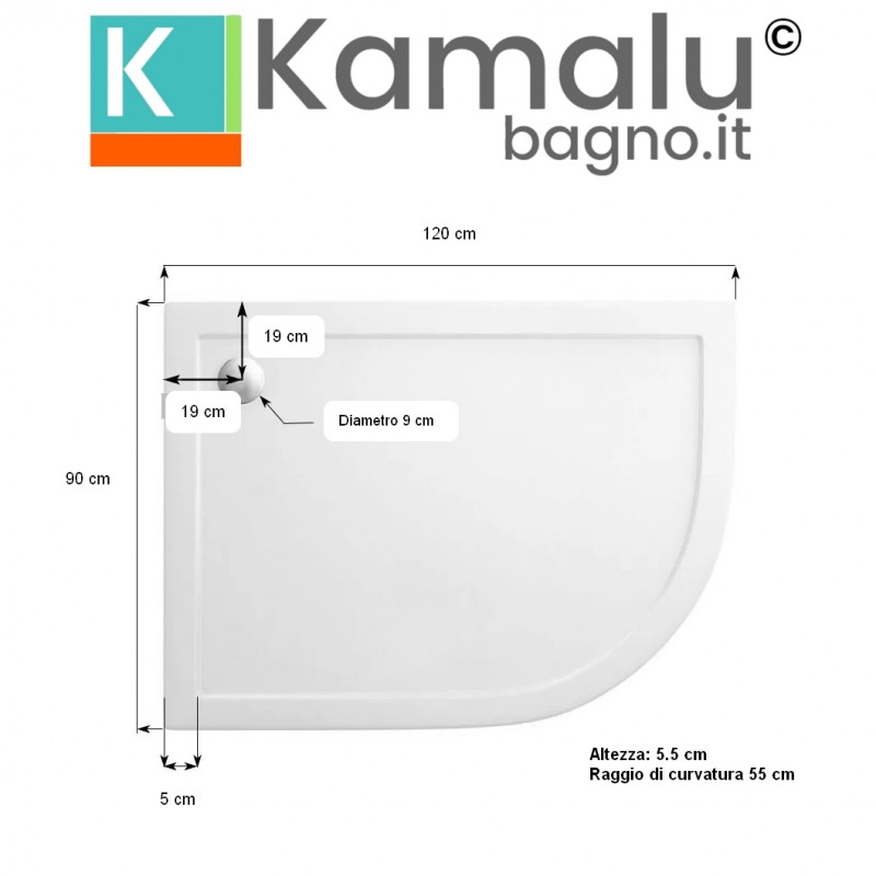 Piatto doccia 120x90 semicircolare versione sinistra KAM-1200 kamalu - 3