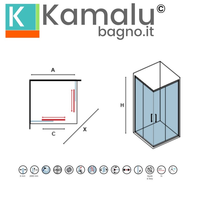 Box doccia 80x80 apertura doppio scorrevole finitura cromo | KZ-1000 kamalu - 2