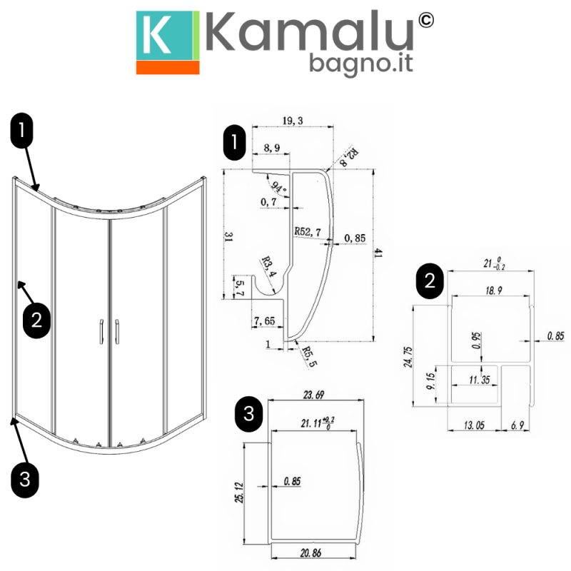Box doccia basso 90x90cm semicircolare altezza 170cm | CHIARA CURV-Q kamalu - 3