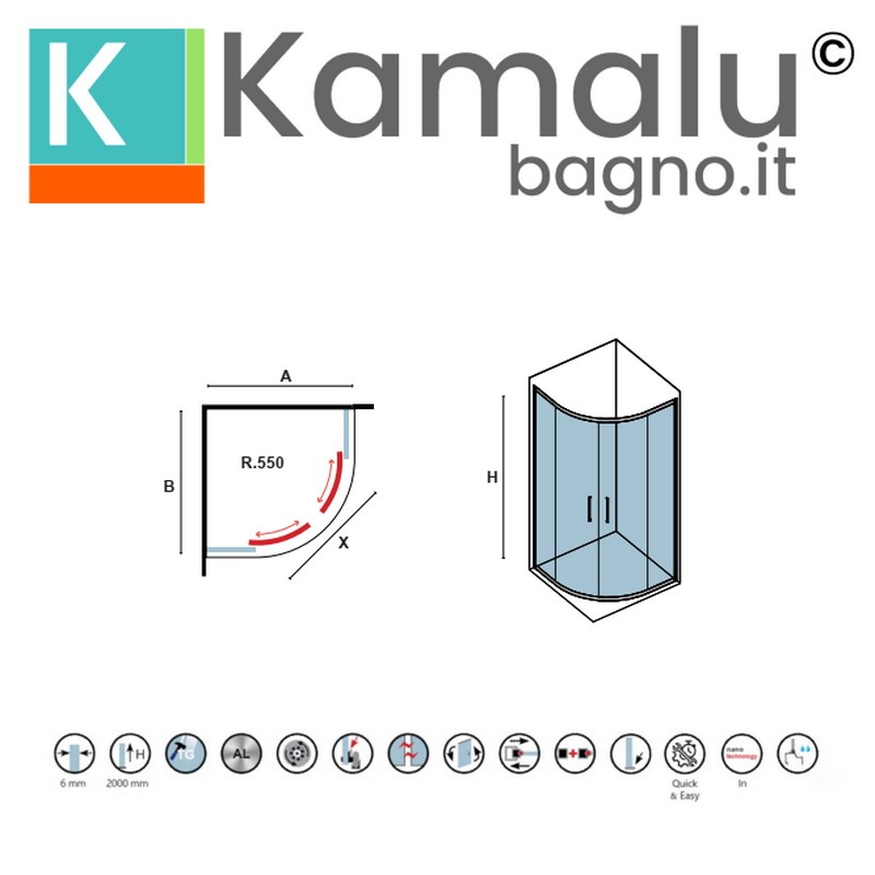 Box doccia 80x80 semicircolare finitura cromo | KZ2000 kamalu - 3