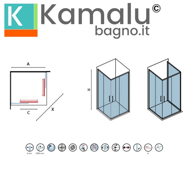 Box doccia 70x70cm angolare porte scorrevoli finitura cromo | KLA1000C kamalu - 3