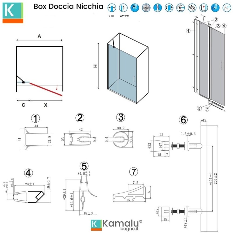 Porta doccia battente 70-75cm e fisso colore nero | KPX4000N kamalu - 3