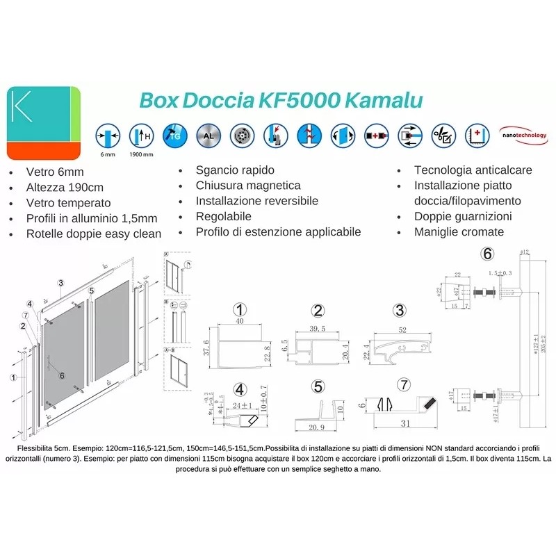 Nicchia doccia 120cm vetro satinato anticalcare KF5000 kamalu - 4