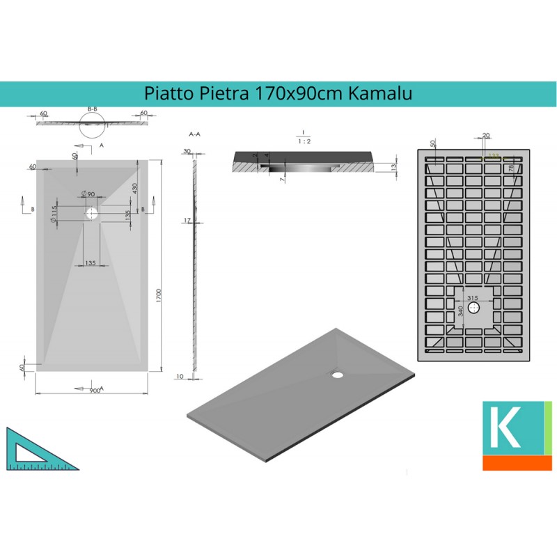 Piatto doccia 90x170cm pietra colore bianco kamalu - 3