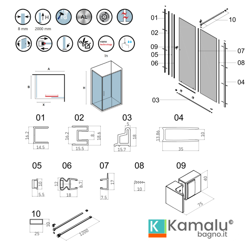 Box doccia 50x120 senza telaio fisso e porta scorrrevole | KNM4000W-C kamalu - 3