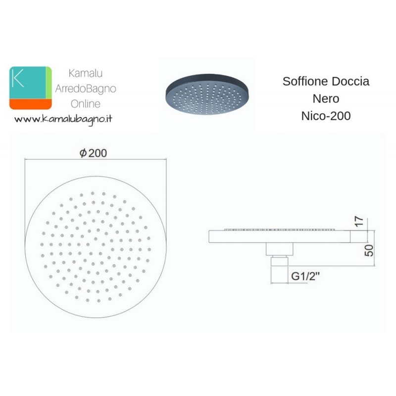 Soffione doccia circolare colore nero modello Nico-200 kamalu - 2