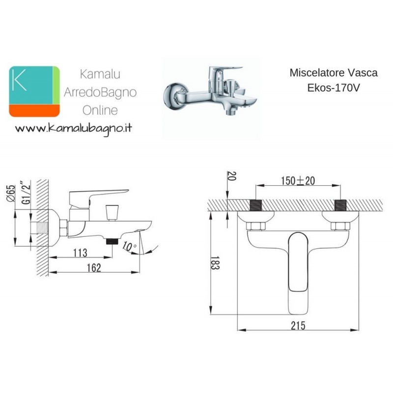 Miscelatore per vasca bagno in ottone modello Ekos-170V kamalu - 3
