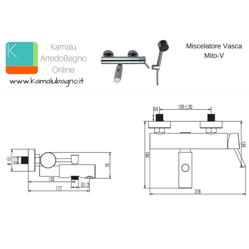 Mscelatore per vasca con doccetta e supporto muro modello Mito-V kamalubagno