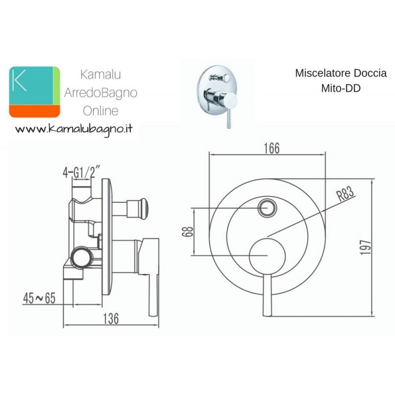 Miscelatore doccia incasso con deviatore modello Mito-DD kamalubagno